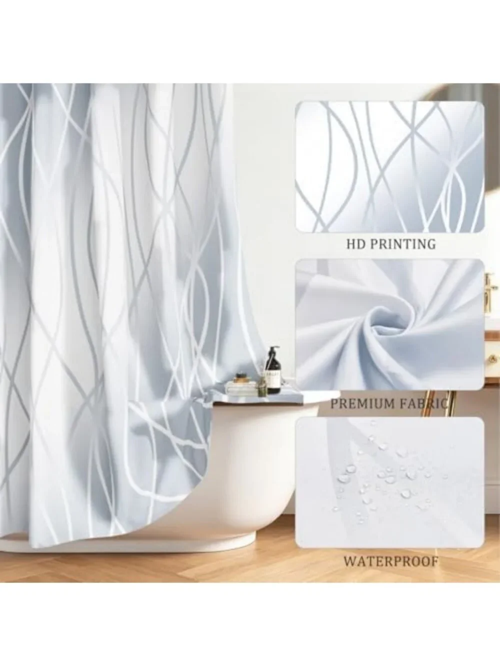 Ombre Light Blue Geometric Shower Curtain Set with Hooks - Modern Minimalist
